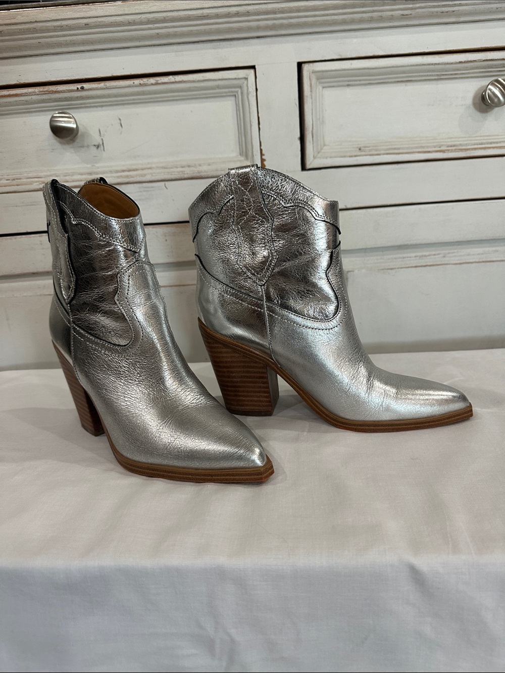 Marc Fisher Metallic Silver Western Pointed Ankle Booties